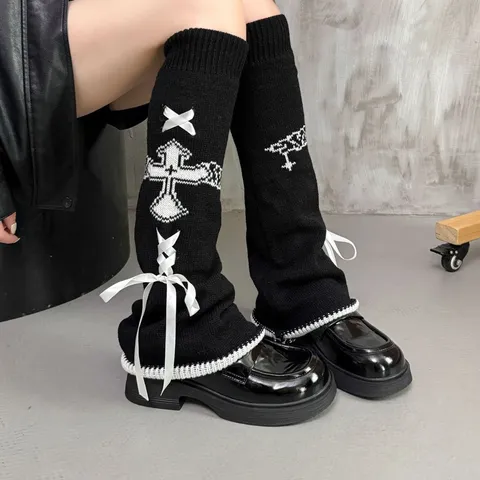 Lolita Gothic Acryl Strumpf Stulpen Gerippt Kreuz Muster Kordelzug JK Stil Winter Warm Beinstulpen Damen Mädchen