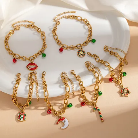 Bracciale in Acciaio Inossidabile Smaltato di Natale Donna Retro Smalto a Olio Fiocco di Neve Albero di Natale Alce Catena Figaro Gioielli Festa