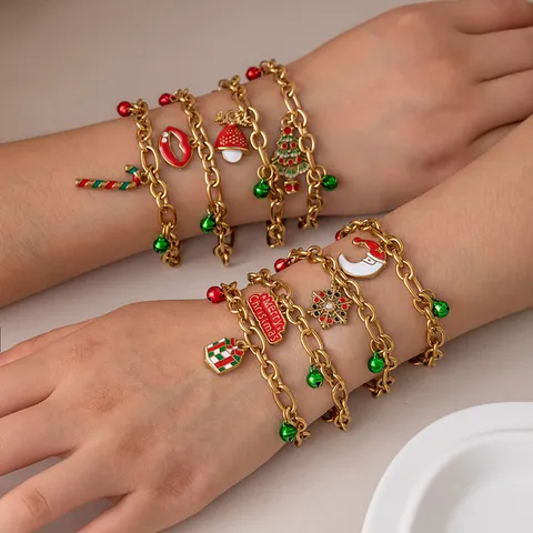 Bracciale in Acciaio Inossidabile Smaltato di Natale Donna Retro Smalto a Olio Fiocco di Neve Albero di Natale Alce Catena Figaro Gioielli Festa