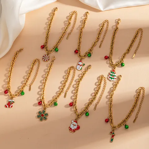 Noël Bracelet Charms Acier Inoxydable Couronne Flocon Neige Elan Père Noël Chaîne Or Bijoux