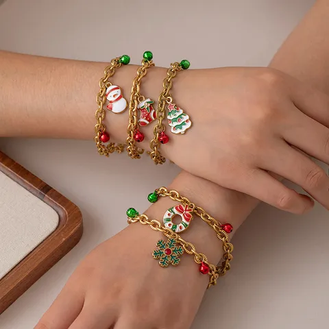 Noël Bracelet Charms Acier Inoxydable Couronne Flocon Neige Elan Père Noël Chaîne Or Bijoux