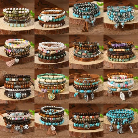 Pulsera Apilable Multicapa Bohemia Para Mujer Vintage Étnico Cuenta de Madera Cuero Artificial Aleación Colgante Joyería de Mano