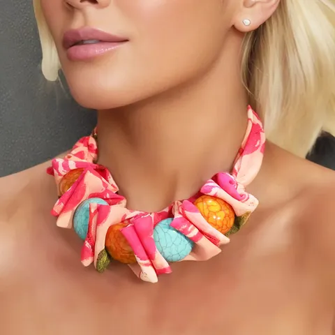 Bohemian Ethnic Style Turquoise Polyester Fabric Inlaid Acrylic Beads Choker Necklace Multicolored Floral Printed Statement Necklaces Vintage Handmade Jewelry For Women