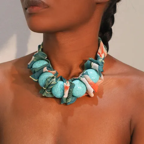 Bohemian Ethnic Style Turquoise Polyester Fabric Inlaid Acrylic Beads Choker Necklace Multicolored Floral Printed Statement Necklaces Vintage Handmade Jewelry For Women