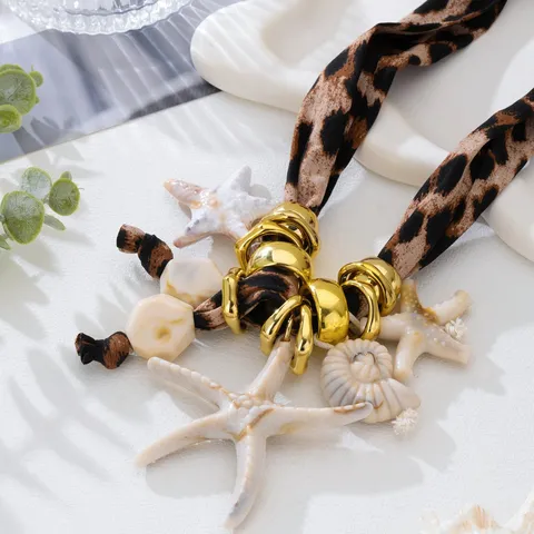 Bohemian Beach Vacation Acrylic Leopard Print Sea Star Conch Seashell Pendant Necklace Clavicle Chain For Women Jewelry