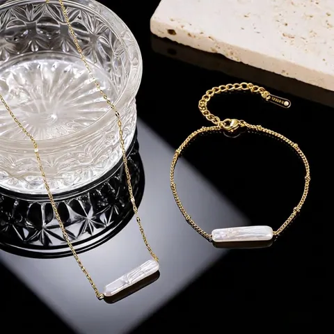 Juego de Joyas de Collar y Pulsera de Acero Inoxidable con Colgante de Perla Artificial Cadena Geométrica de Lujo para Mujer