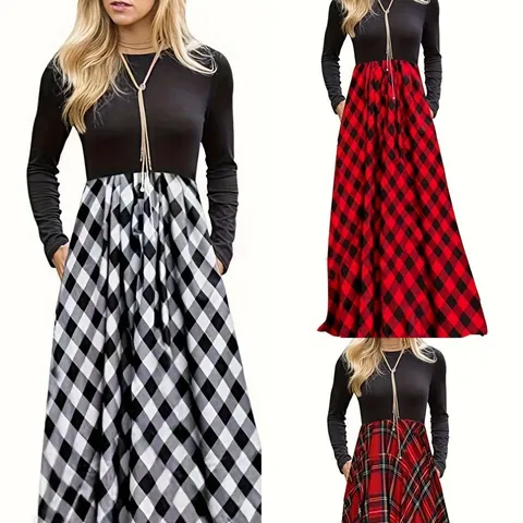 Women's Patchwork Plaid Dress Long Sleeve Round Neck High Waist A-Line Maxi Dress European Casual Streetwear Fashion Printed Checkered Long Dress
