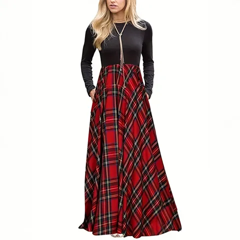 Women's Patchwork Plaid Dress Long Sleeve Round Neck High Waist A-Line Maxi Dress European Casual Streetwear Fashion Printed Checkered Long Dress