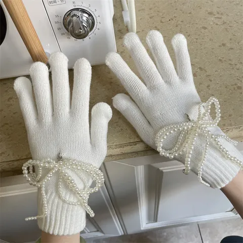 Damen Winter Warm Gestrickte Handschuhe Süße Künstliche Perle Schleife Touchscreen Handschuhe Süßer Stil Radfahren Handschuhe