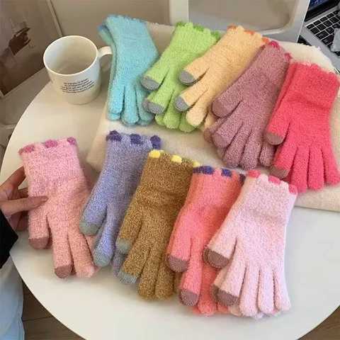 Gants Tactiles Chauds d'Hiver pour Femmes Jolie Couleur Macaron Polaire Corail Épaisse Gants Tricotés Coupe-Vent