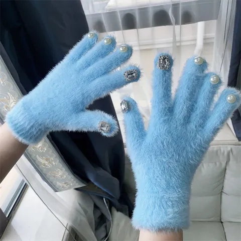 Damen Winter Warm Plüsch Kaninchenfell Fünf Finger Handschuhe Süß Japanisch Stil Strass Perle Dekor Süß Tägliche Handschuhe