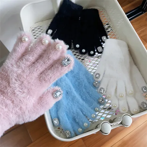 Damen Winter Warm Plüsch Kaninchenfell Fünf Finger Handschuhe Süß Japanisch Stil Strass Perle Dekor Süß Tägliche Handschuhe
