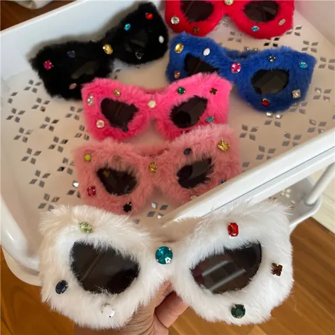 Funny Furry Cat Ear Sunglasses For Women Trendy Rhinestone Triangular Glasses Plush Party Decorative Eyewear Accessory
