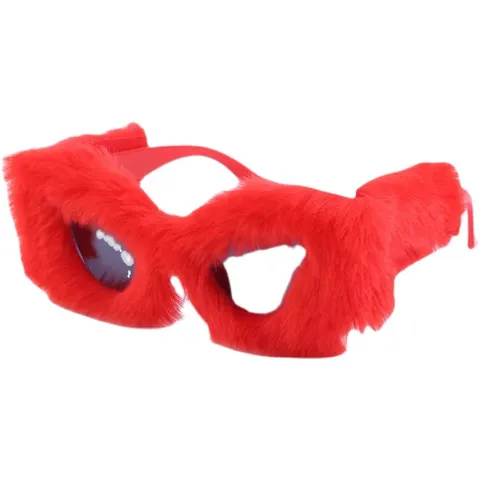 Gafas de Sol de Ojo de Gato Rojas de Felpa para Mujer Fiesta de Navidad Montura de Felpa Punk Hip Hop Gafas de Sol Divertidas