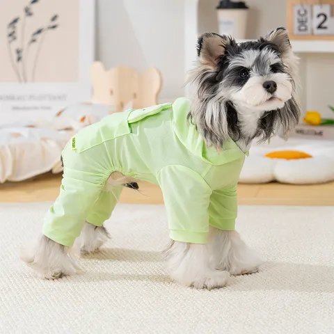 Breathable Ice Silk Pet Dog Clothes Summer Thin Four-Legged Jumpsuit With Bear Pocket Hooded Puppy Apparel