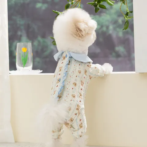 Pet Dog Clothes Cute Cartoon Bear Print Four Legged Belly Wrap Cotton Thin Spring Summer Puppy Apparel Pet Supplies