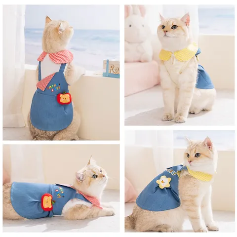 Summer Cute Pet Denim Dress Plaid Turn-Down Collar Cartoon Doll Applique Small Dogs Cats Apparel Fashion