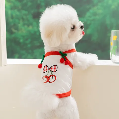 Sommer Haustier Camisole Weste Mit 3D Kirsche Dekoration Atmungsaktiv Kariert Riemen Shirt Für Kleine Hunde Katzen Süß Welpen Kleidung