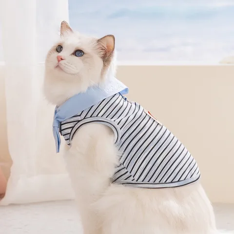 Cute Striped Pet Vest Summer Thin Breathable Cat Dog Apparel Casual Turn-down Collar Small Pet Clothes