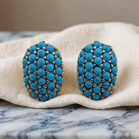 Boucles d'Oreilles Clous Ovales en Turquoise Rétro Français pour Femme Laiton Plaqué Or Élégant Perle Artificielle Tige Argent 925