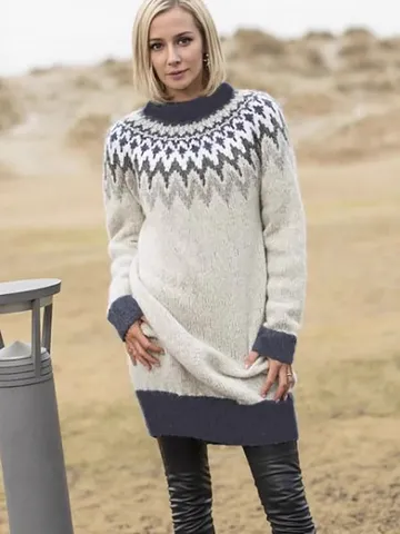 Women's Retro Jacquard Long Knit Sweater Dress Casual Long Sleeve Crew Neck Pullover Dress Fall Winter Fashion Apparel