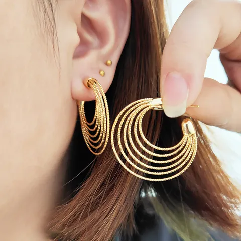 Boucles d'Oreilles Créoles Grandes Multi-couches pour Femmes en Laiton Plaqué Or 18K Boucles d'Oreilles Géométriques Tige en Acier Inoxydable Bijoux Mode