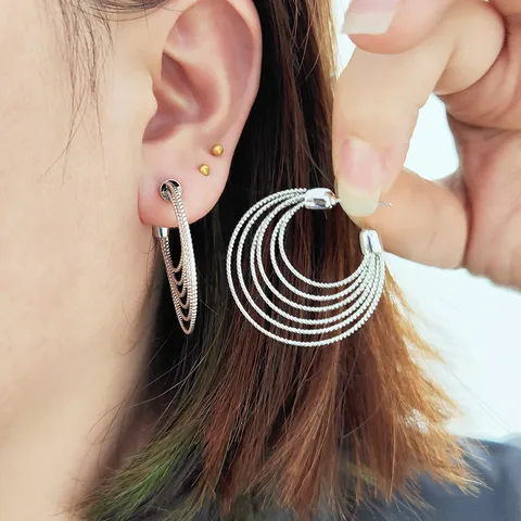 Boucles d'Oreilles Créoles Grandes Multi-couches pour Femmes en Laiton Plaqué Or 18K Boucles d'Oreilles Géométriques Tige en Acier Inoxydable Bijoux Mode