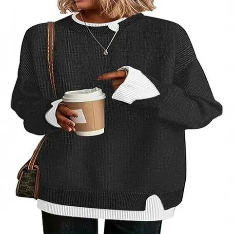 Women Casual Long Sleeve Crew Neck Fake Two Piece Loose Knit Sweater Pullover Winter Warm Color Block Fashion Tops
