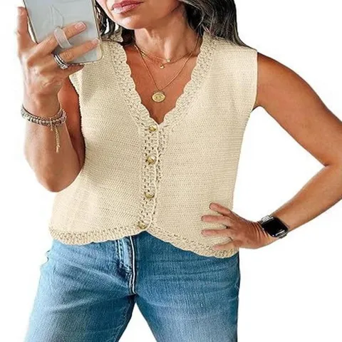 Women's Casual V-Neck Sleeveless Knit Sweater Vest Single-Breasted Button Loose Summer Tank Top Polyester