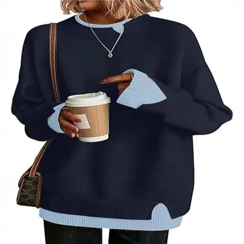 Women Casual Long Sleeve Crew Neck Fake Two Piece Loose Knit Sweater Pullover Winter Warm Color Block Fashion Tops