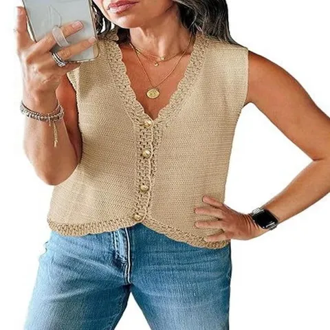 Women's Casual V-Neck Sleeveless Knit Sweater Vest Single-Breasted Button Loose Summer Tank Top Polyester