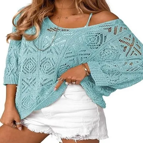 Women's Casual Hollow-Out Crochet Batwing Sleeve Pullover Sweater Solid Color Loose Knitwear Top For Spring Summer