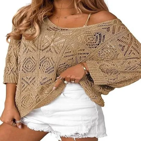 Women's Casual Hollow-Out Crochet Batwing Sleeve Pullover Sweater Solid Color Loose Knitwear Top For Spring Summer