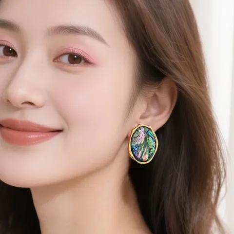 Boucles d'Oreilles Clous en Nacre d'Abalone Naturelle Style Vintage de Hong Kong pour Femmes Boucles d'Oreilles Ovales Géométriques