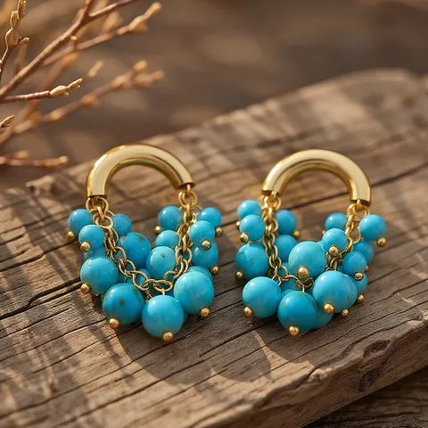 Boucles d'Oreilles Pendantes de Luxe Français Vintage Avec Tige en Argent Sterling 925 Cuivre Plaqué Or Perles Turquoise