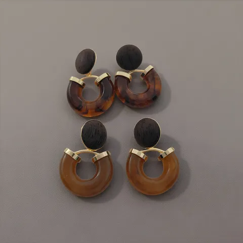 Boucles d'Oreilles Clous en Forme de U Épissure de Bois et Résine Vintage pour Femmes Boucles d'Oreilles Créoles Géométriques Rétro