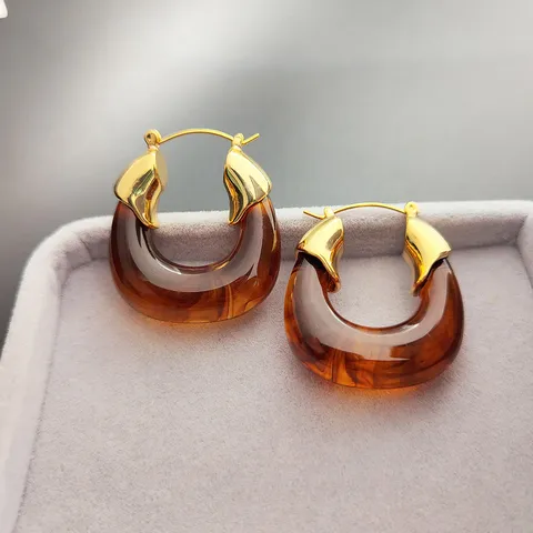 Boucles d'Oreilles Créoles Géométriques en Cuivre Plaqué Or 18K Vintage Résine Transparente Ambre Brun Boucles d'Oreilles en U Femme
