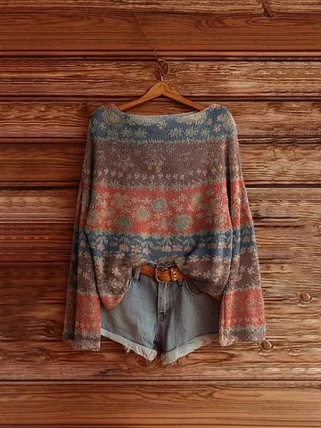 Women Casual Loose Long Sleeve Sweater Boat Neck Digital Printed Pullover Knitwear Deer Velvet Top Fashion Clothing