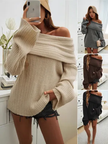 Women Casual Loose Solid Color Long Sleeve Pullover Sweater Off The Shoulder Boat Neck Ribbed Knit Winter Top