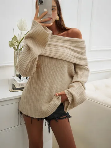 Women Casual Loose Solid Color Long Sleeve Pullover Sweater Off The Shoulder Boat Neck Ribbed Knit Winter Top