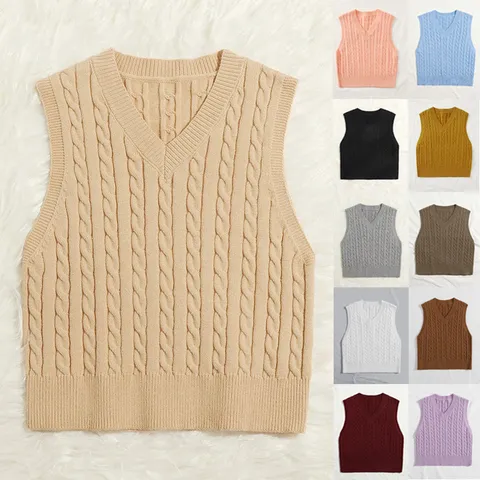 Women's V Neck Cable Knit Sweater Vest Sleeveless Pullover Casual Solid Color Fall Winter Vintage Knitwear Top