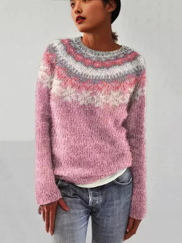 Women's Casual Long Sleeve Crew Neck Color Block Geometric Pattern Pullover Knit Sweater Loose Fashion Winter Top