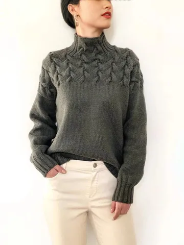 Women's Casual Acrylic Cable Knit Turtleneck Long Sleeve Pullover Sweater Solid Color Loose Fit Winter Warm Top