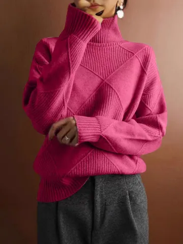 Femmes Casual Col Roulé Argyle Pull en Maille Câblée Manches Longues Coupe Ample Hiver Chaud Hauts