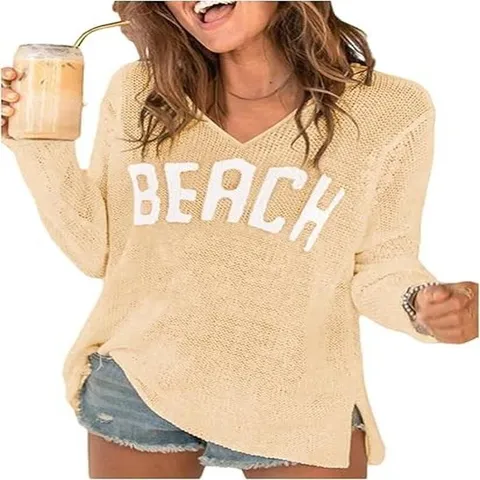 Damen Casual V-Ausschnitt Buchstaben Strickware Langarm Pullover Frühling Herbst Locker Basic Einfarbig Top