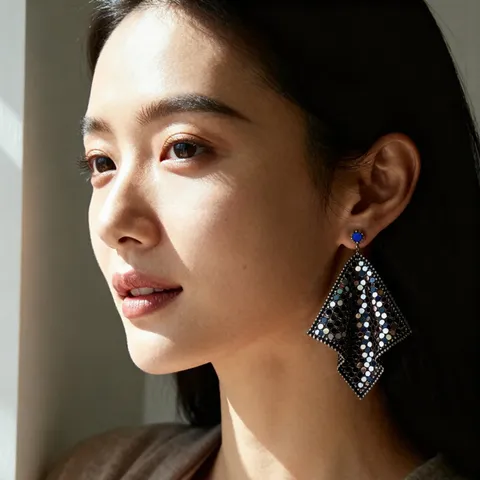 Boucles d'Oreilles Pendantes Paillettes Losange Géométrique Avec Tige en Argent Sterling 925 Longues Boucles Cuivre