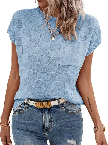 Womens Casual Acrylic Plaid Knitwear Crew Neck Short Sleeve Raglan Sleeve Loose Fit Pullover Knit Top
