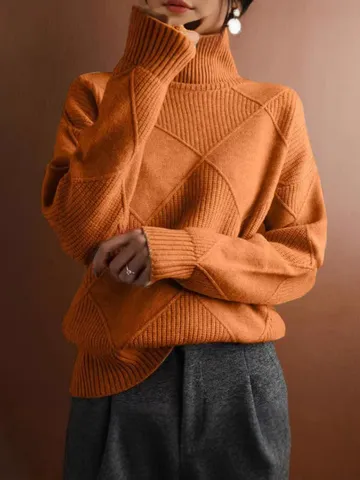 Femmes Casual Col Roulé Argyle Pull en Maille Câblée Manches Longues Coupe Ample Hiver Chaud Hauts