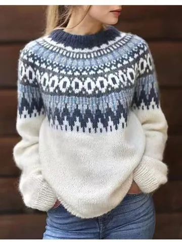 Women's Casual Color Block Geometric Jacquard Long Sleeve Pullover Crew Neck Polyester Sweater
