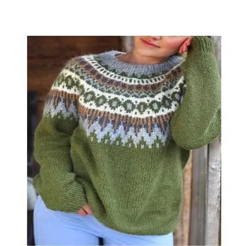 Women's Casual Color Block Geometric Jacquard Long Sleeve Pullover Crew Neck Polyester Sweater